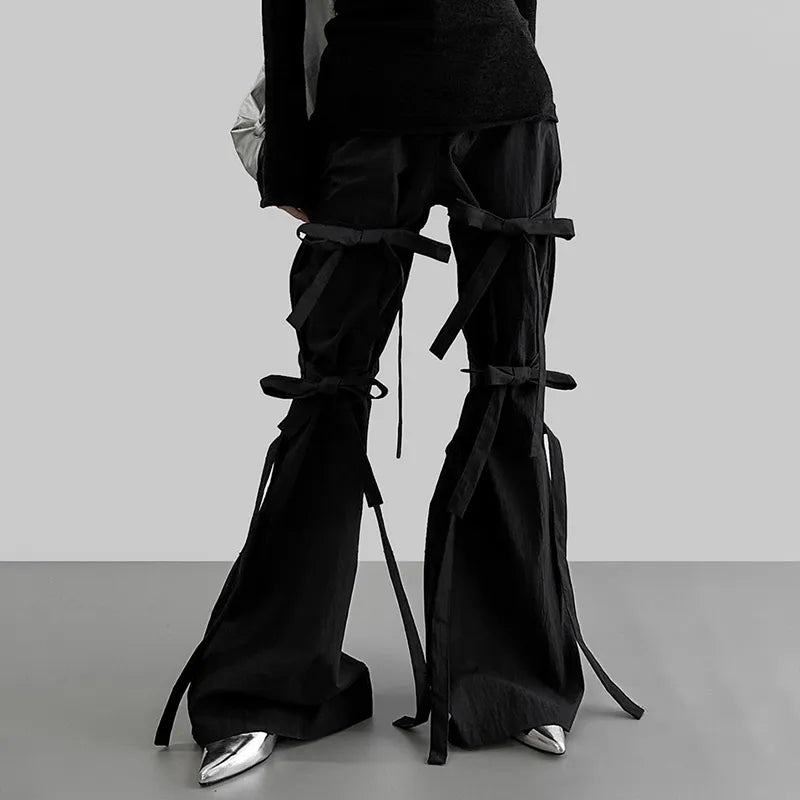 Harajuku Bandage Black Flare Pants Chic Design Lace Up Bow Female Trousers Full Length Gothic Casual Sweatpants