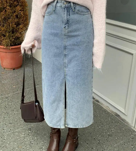 Autumn Winter Retro Black Office Lady Denim Split Skirt 2024 New Blue High Waist Elegant Wrap Hip Long Jean Skirts Women Fashion