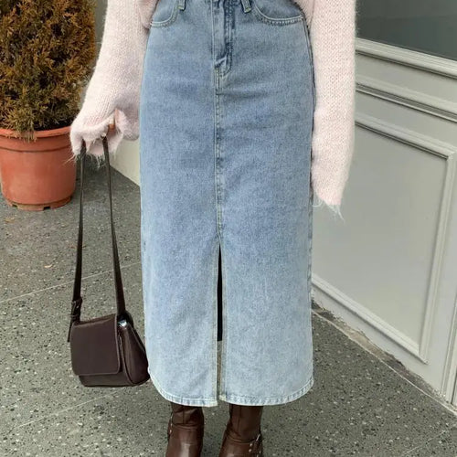Load image into Gallery viewer, Autumn Winter Retro Black Office Lady Denim Split Skirt 2024 New Blue High Waist Elegant Wrap Hip Long Jean Skirts Women Fashion
