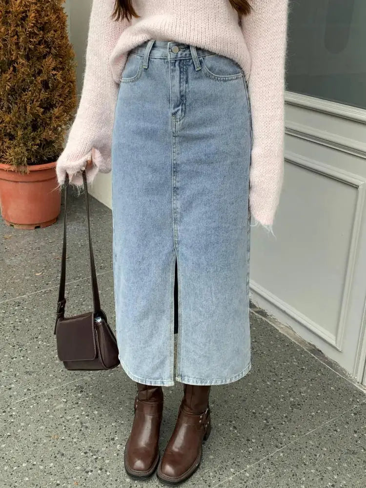 Autumn Winter Retro Black Office Lady Denim Split Skirt 2024 New Blue High Waist Elegant Wrap Hip Long Jean Skirts Women Fashion