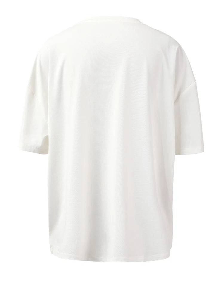 Women White Irregular Spliced Big Size Casual T-shirt New Round Neck Short Sleeve Fashion Tide Spring Summer 2025 1DH5360