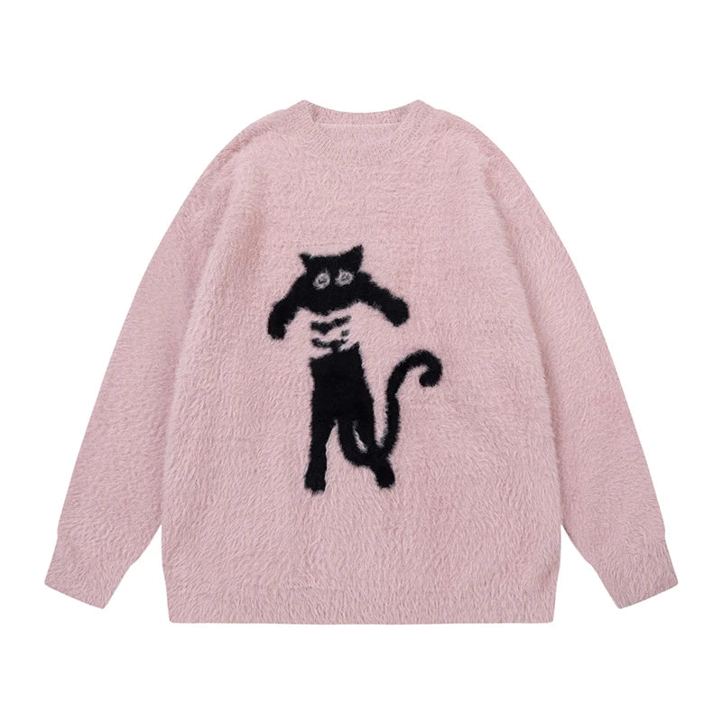 Loose Men's Sweater Spring New Cat Printing Mohair Round Neck Pullover Sweaters Trendy American Style Clothing 9W1466