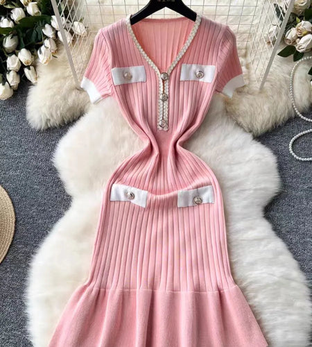 Summer Korean Patchwork V-neck Slim Ruffled Edge Pleated Short Sleeve Midi Dress Women Retro Festival Wrap Hip Knitted Dress Y2k