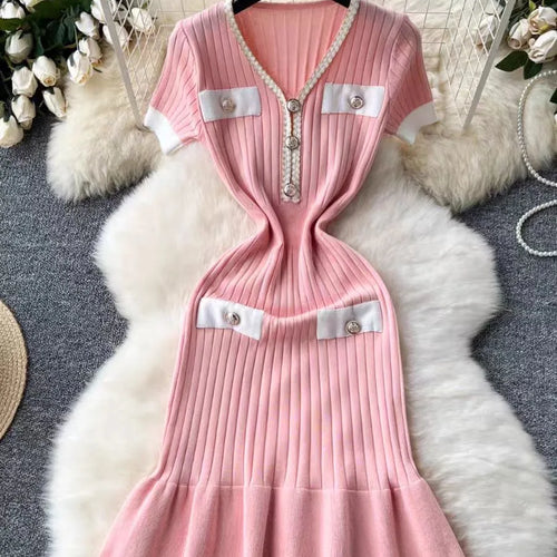 Load image into Gallery viewer, Summer Korean Patchwork V-neck Slim Ruffled Edge Pleated Short Sleeve Midi Dress Women Retro Festival Wrap Hip Knitted Dress Y2k
