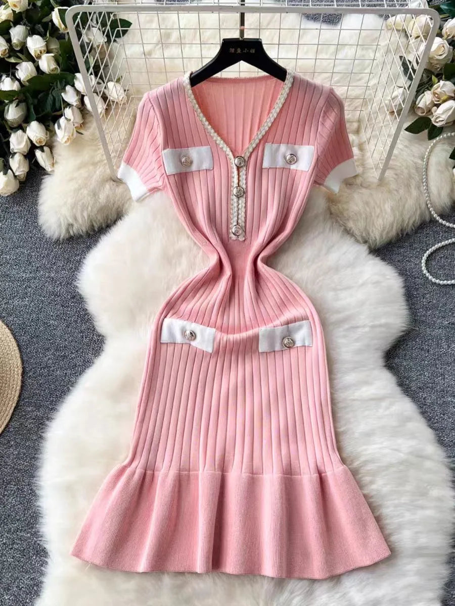 Summer Korean Patchwork V-neck Slim Ruffled Edge Pleated Short Sleeve Midi Dress Women Retro Festival Wrap Hip Knitted Dress Y2k