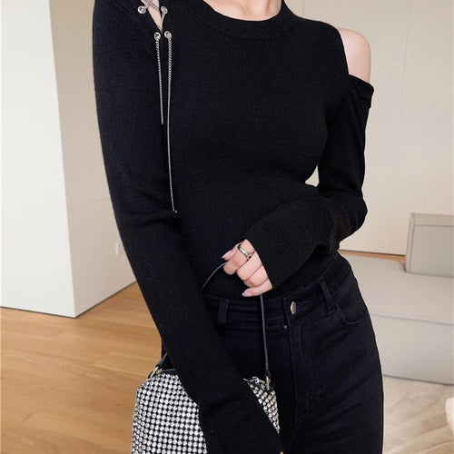 Load image into Gallery viewer, Solid Irregular Sweaters For Women Round Neck Long Sleeve Knitting Off Shoulder Slimming Sweater Female Fashion
