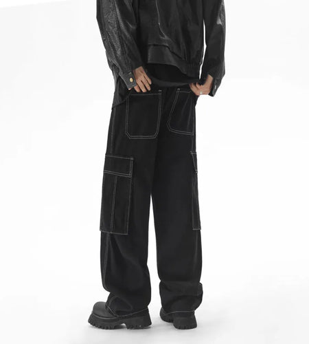 Men Cargo Jeans American Drawstring Contrasting Color Loose Open Line Design Straight Leg Casual Denim Pants Spring 9W1325