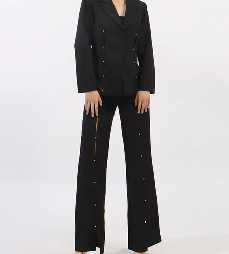 Solid Split Spliced Diamonds Two Piece Sets for Women Lapel Long Sleeves Blazer High Waist Pant Fashion Set Female