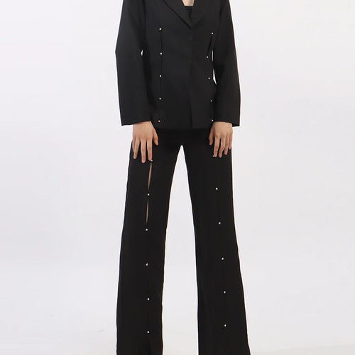 Load image into Gallery viewer, Solid Split Spliced Diamonds Two Piece Sets for Women Lapel Long Sleeves Blazer High Waist Pant Fashion Set Female
