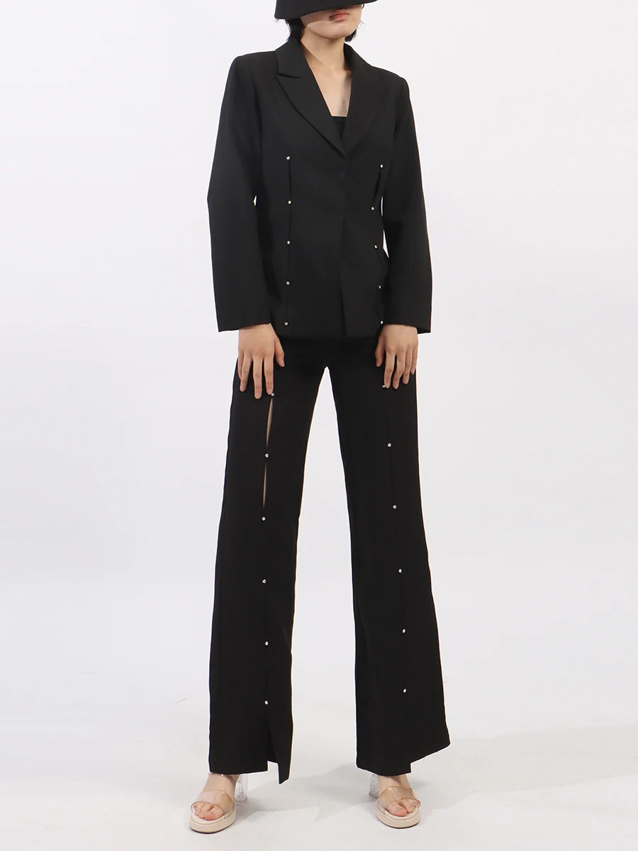Solid Split Spliced Diamonds Two Piece Sets for Women Lapel Long Sleeves Blazer High Waist Pant Fashion Set Female
