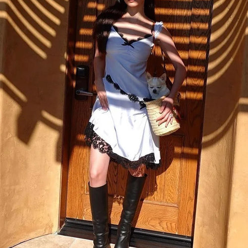 Load image into Gallery viewer, Satin Lace V-Neck Shirring Asymmetrical Slim Midi Dress Women Sexy Solid Dress 2023 Spring Summer New Sweet Partywear
