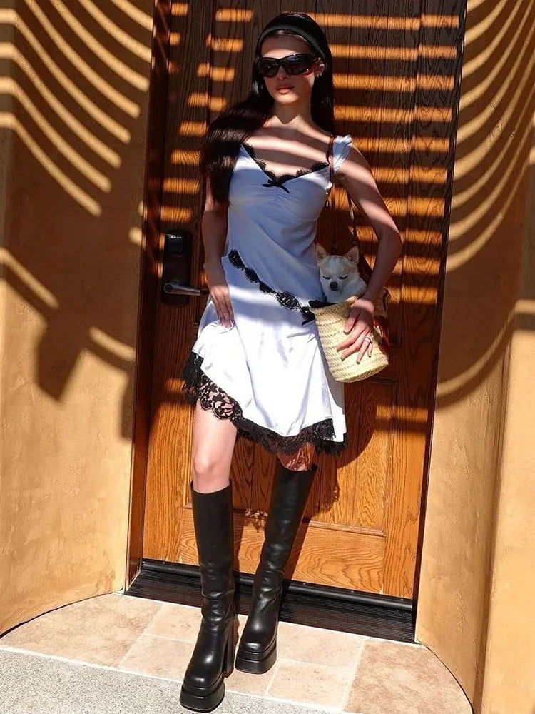 Satin Lace V-Neck Shirring Asymmetrical Slim Midi Dress Women Sexy Solid Dress 2023 Spring Summer New Sweet Partywear