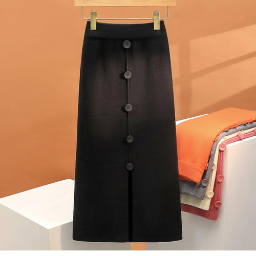 Load image into Gallery viewer, Solid Knit Wrap Hip Skirts Women 2023 Autumn Winter New Fashion Midi Skirt Vintage Casual Elastic High Waist Button Split Skirt
