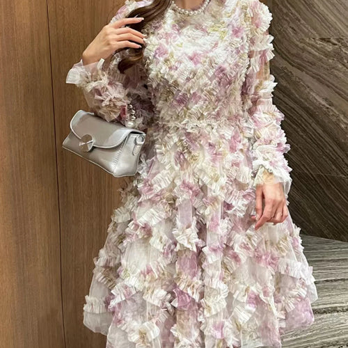 Load image into Gallery viewer, Hit Color Printing Elegant Dresses For Women Round Neck Long Sleeve High Waist Slimming A Line Dress Female Style
