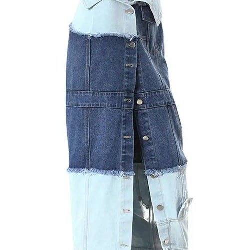 Load image into Gallery viewer, High Waist Blue Denim Fold Color-block Burr Casual Half-body Skirt Women Fashion Tide New Spring Autumn 2025 7AB6481

