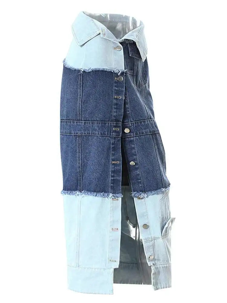 High Waist Blue Denim Fold Color-block Burr Casual Half-body Skirt Women Fashion Tide New Spring Autumn 2025 7AB6481