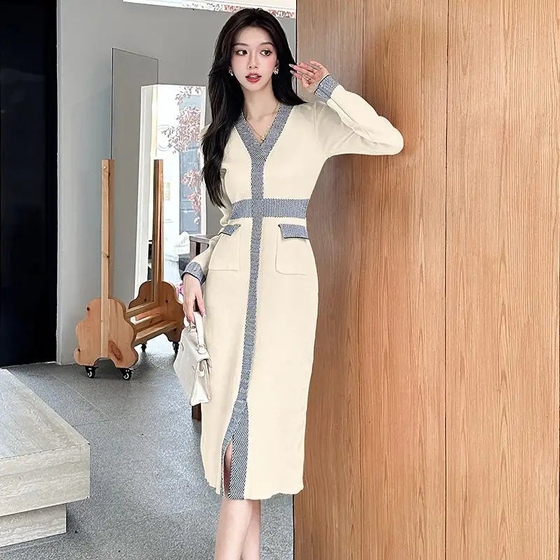 Autumn Winter French Patchwork Long Sleeves Festival Knitted Dresses Women's Elegant V Neck High Waist Wrap Hip Dress Streetwear