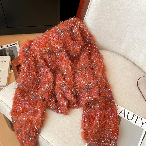 Load image into Gallery viewer, Autumn Winter 2025 Grey Patchwork Elegant Pullover Fashion Short Sweater Women Orange Long Sleeve Knitwear Warm Tops Streetwear
