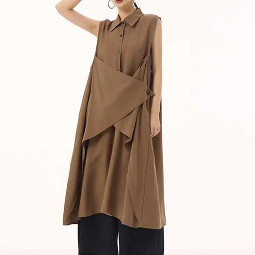 Load image into Gallery viewer, Women Khaki Irregular Spliced Big Size Midi Shirt Dress New Lapel Sleeveless Fashion Tide Spring Summer 2025 1DH9434
