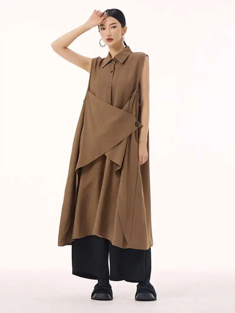 Women Khaki Irregular Spliced Big Size Midi Shirt Dress New Lapel Sleeveless Fashion Tide Spring Summer 2025 1DH9434