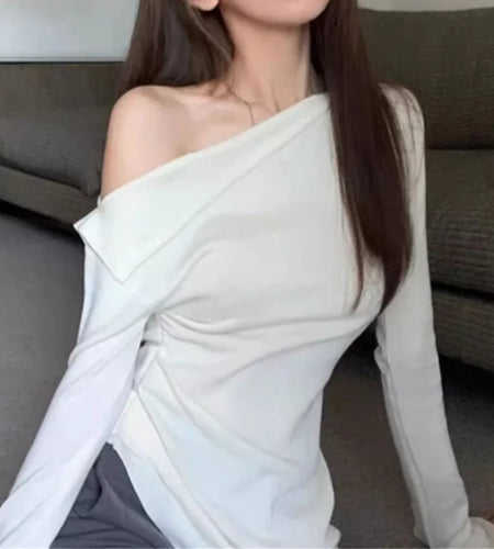 y2k Crop Top Clothing Women Solid Color Slant Neck Off Shoulder Long Sleeve Ruched T Shirt 2000s Clothes Streetwear