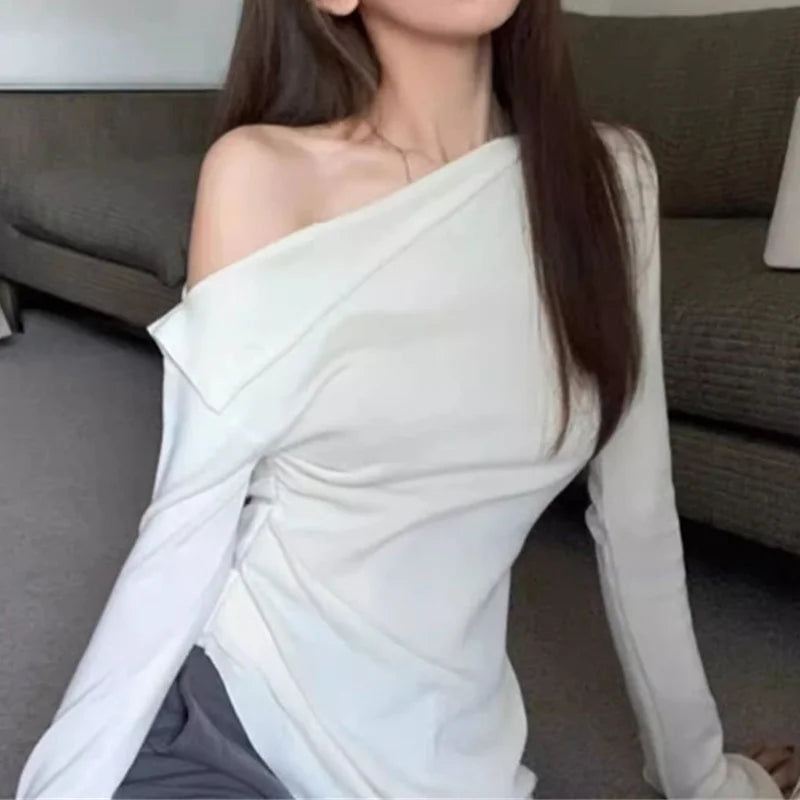 y2k Crop Top Clothing Women Solid Color Slant Neck Off Shoulder Long Sleeve Ruched T Shirt 2000s Clothes Streetwear