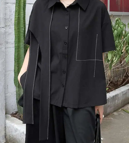Women Black Topstitched Ribbon Big Size Blouse New Lapel Short Sleeve Shirt Fashion Tide Spring Summer 2025 1DJ0411