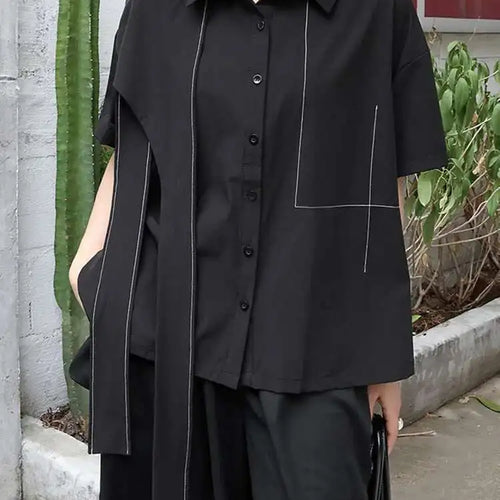 Load image into Gallery viewer, Women Black Topstitched Ribbon Big Size Blouse New Lapel Short Sleeve Shirt Fashion Tide Spring Summer 2025 1DJ0411
