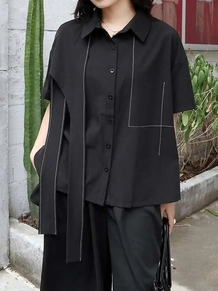 Women Black Topstitched Ribbon Big Size Blouse New Lapel Short Sleeve Shirt Fashion Tide Spring Summer 2025 1DJ0411