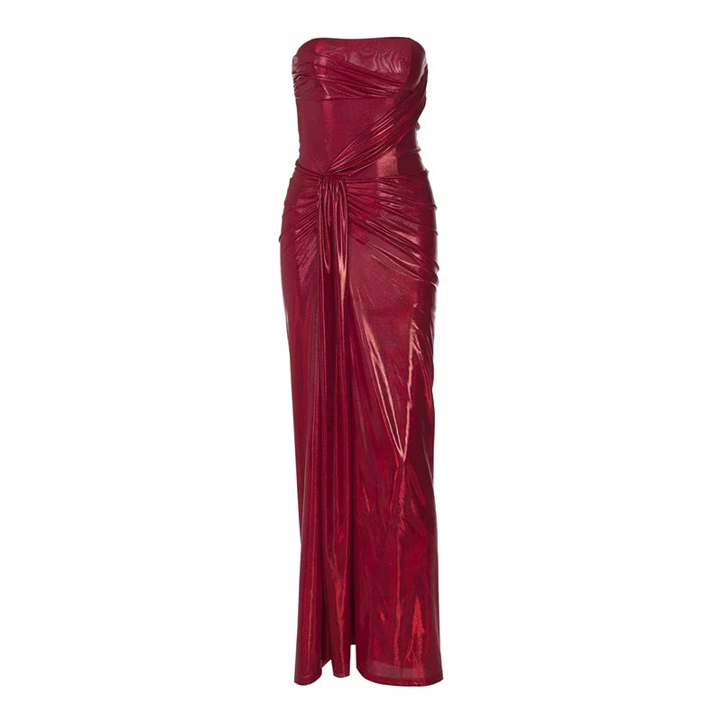 Off-shoulder Strapless Sexy Maxi Dress For Women Fashion Red Sleeveless Backless Thigh High Split Bodycon Club Dress