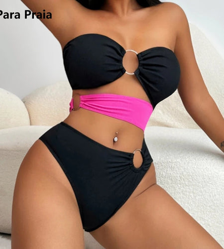 Block Color Cut Out Bandeau Metal Rings Women Swimwear One Piece Swimsuit 2024 Bathing Suit High Waist Monokini
