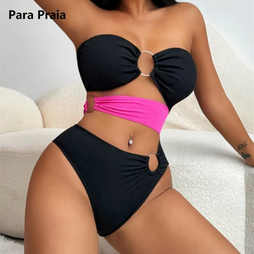 Load image into Gallery viewer, Block Color Cut Out Bandeau Metal Rings Women Swimwear One Piece Swimsuit 2024 Bathing Suit High Waist Monokini
