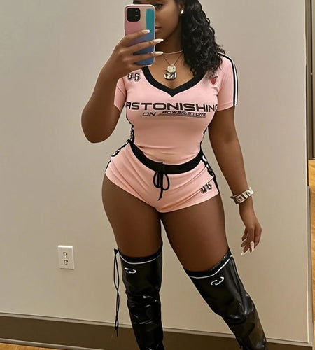 Activity Casual 2 Piece Set Women Tracksuit Letter Print Y2K Hipster Short Sleeve Crop Tops+Wide Waist Shorts Outfits