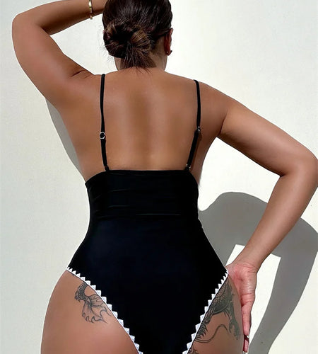 Black V Neck One Piece Swimsuit Women 2025 Sexy Swimwear Halter Bathing Suit High Waist Monokini