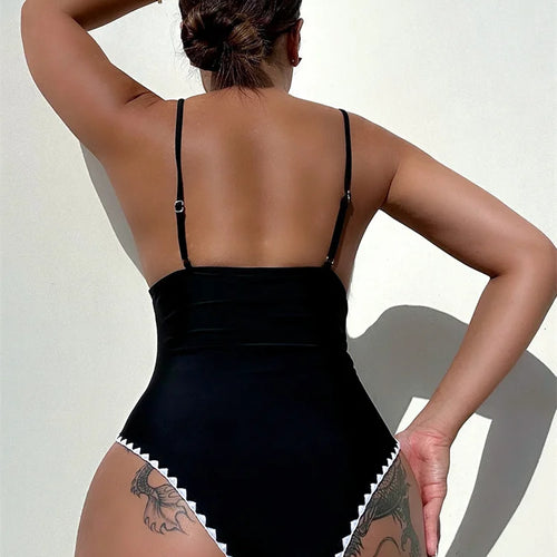 Load image into Gallery viewer, Black V Neck One Piece Swimsuit Women 2025 Sexy Swimwear Halter Bathing Suit High Waist Monokini
