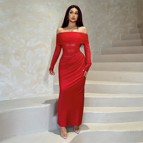 Load image into Gallery viewer, Off-shoulder Mesh See Through Sexy Maxi Dress For Women Elegant Strapless Long Sleeve Backless Bodycon Club Party Dress
