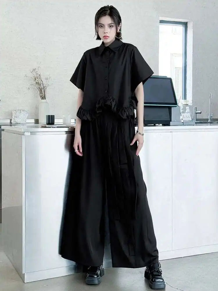 High Elastic Waist Black Buckle Spliced Long Wide Leg Pants New Trousers Women Fashion Tide Spring Autumn 2025 1DJ0632