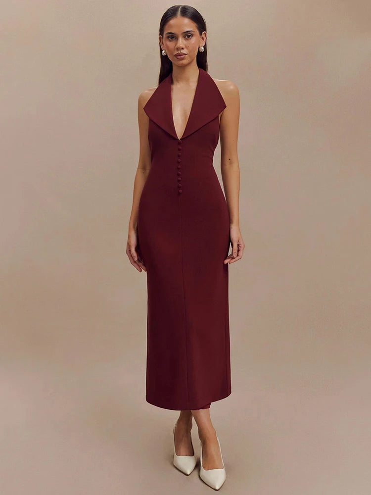 Halter Deep V Neck Sleeveless Sexy Maxi Dress For Women Elegant Backless Bodycon Tank Dress Femme Fashion Long Dress