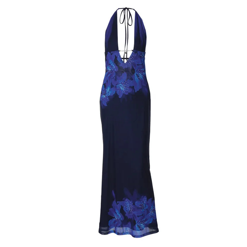 Deep V Neck Print Sexy Maxi Dress Women Gown Blue Halter Sleeveless Backless High Waist Split Long Dress Clubwear