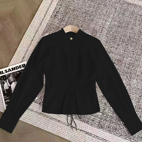 Load image into Gallery viewer, Solid Slimming Spliced Button Fashion Shirts for Women Round Neck Long Sleeves Tunic Patchwork Lace Up Shirt Female
