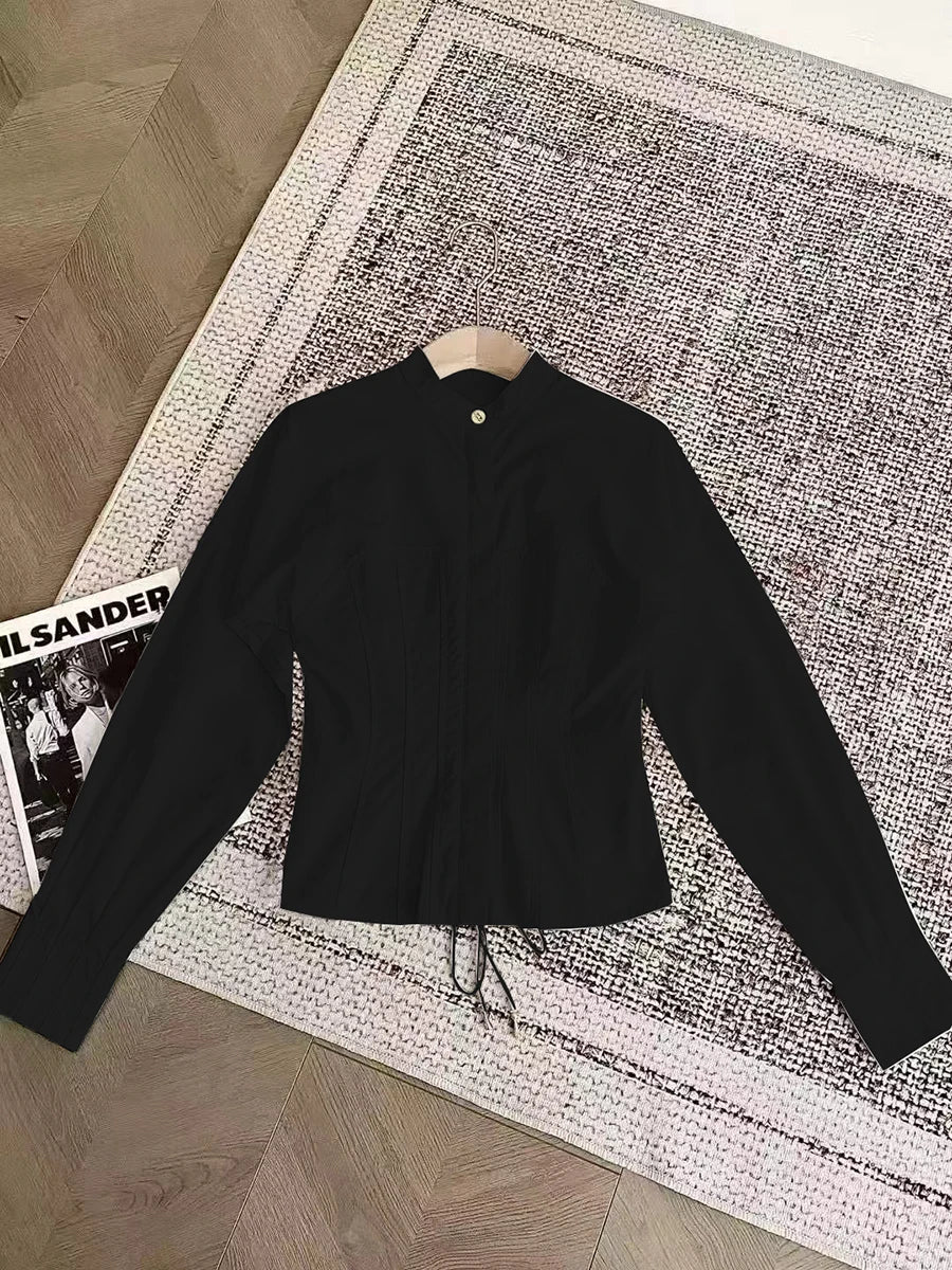 Solid Slimming Spliced Button Fashion Shirts for Women Round Neck Long Sleeves Tunic Patchwork Lace Up Shirt Female