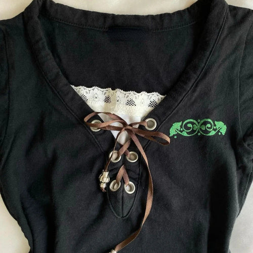 Load image into Gallery viewer, Vintage Fake Two Piece Black T-shirt Womens Harajuku Lace Patchwork Bandage Tops Streetwear Grunge Slim Fit VSummer Shirts Femme
