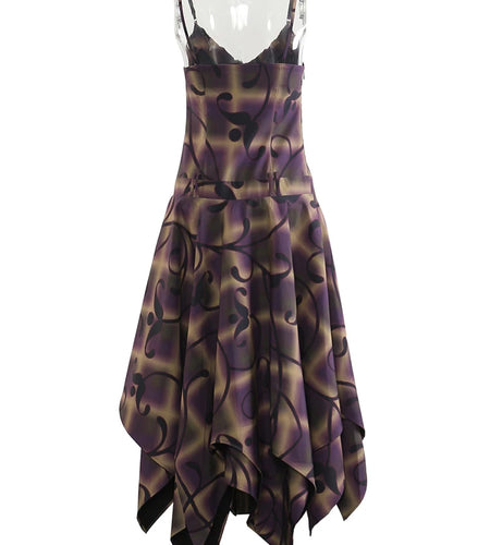 Women Purple Print Irregular Elegant Spaghetti Strap Dress New V-Neck Sleeveless Fashion Tide Spring Autumn 2025 1DJ0346