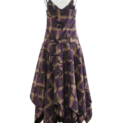 Load image into Gallery viewer, Women Purple Print Irregular Elegant Spaghetti Strap Dress New V-Neck Sleeveless Fashion Tide Spring Autumn 2025 1DJ0346
