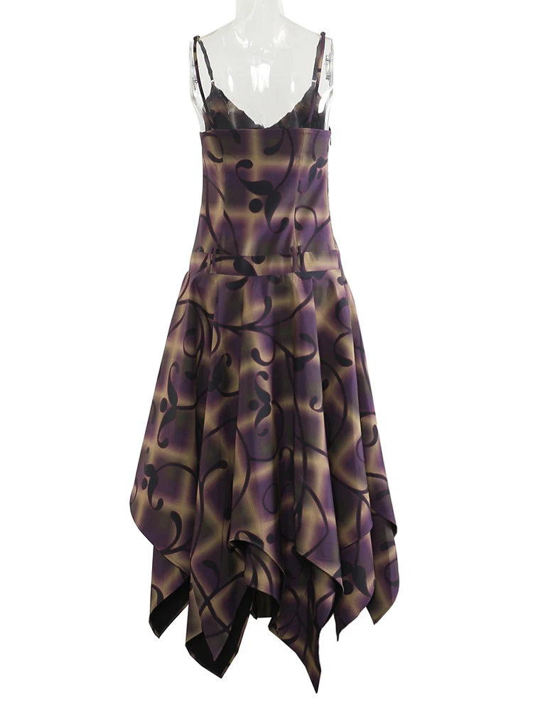 Women Purple Print Irregular Elegant Spaghetti Strap Dress New V-Neck Sleeveless Fashion Tide Spring Autumn 2025 1DJ0346