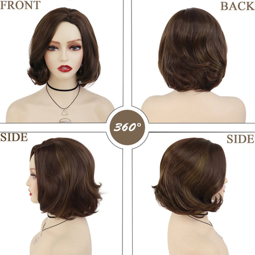 Load image into Gallery viewer, Synthetic Wigs for Women Short Hair Brown Color Natural Hairstyle Curly Wigs Bob Mommy Wig Highlight with Side Bangs
