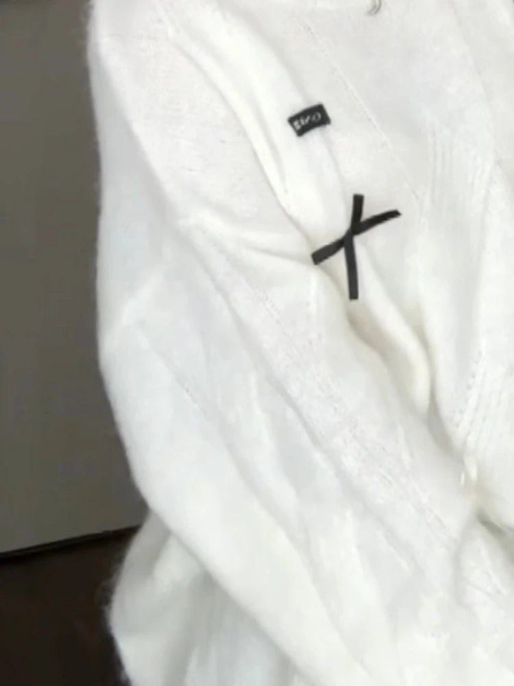 Y2k Aesthetic Hole Autumn Women Sweaters Casual Loose Bow Grunge Knitted Simple Pullovers 2025 Harajuku Solid Tops Pull Femme