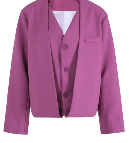 Women Purple Red False Two Big Size Short Blazer New V-neck Long Sleeve Jacket Fashion Tide Spring Autumn 2025 CPG1158