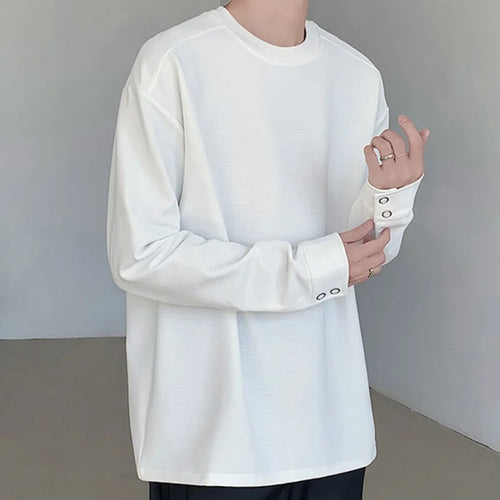 Load image into Gallery viewer, Long Sleeved T-shirt Cuff Design Round Neck Men Loose Versatile Base Solid Color Simple Korean Fashion Male Tops
