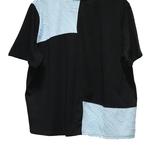 Load image into Gallery viewer, Women Black Color-block Textured Big Size T-shirt New Round Neck Short Sleeve Fashion Tide Spring Summer 2025 1DJ1220
